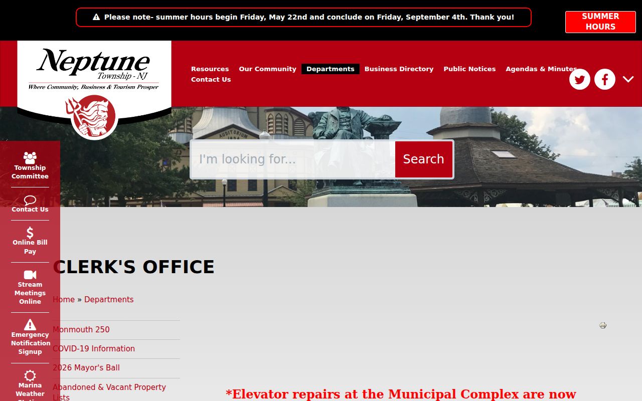 Neptune Township residents directory Clerk's Office records request route