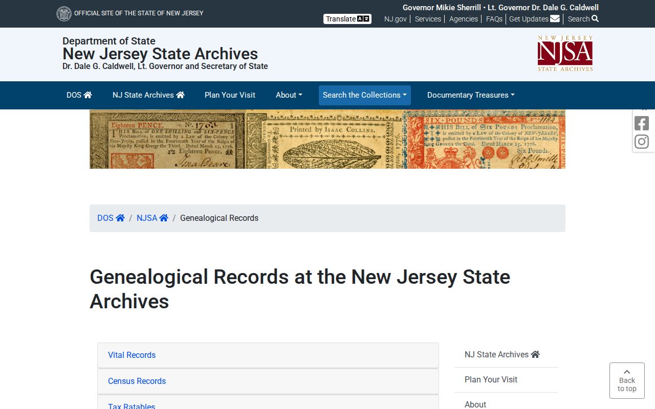 Neptune Township previous residents New Jersey State Archives genealogy collections