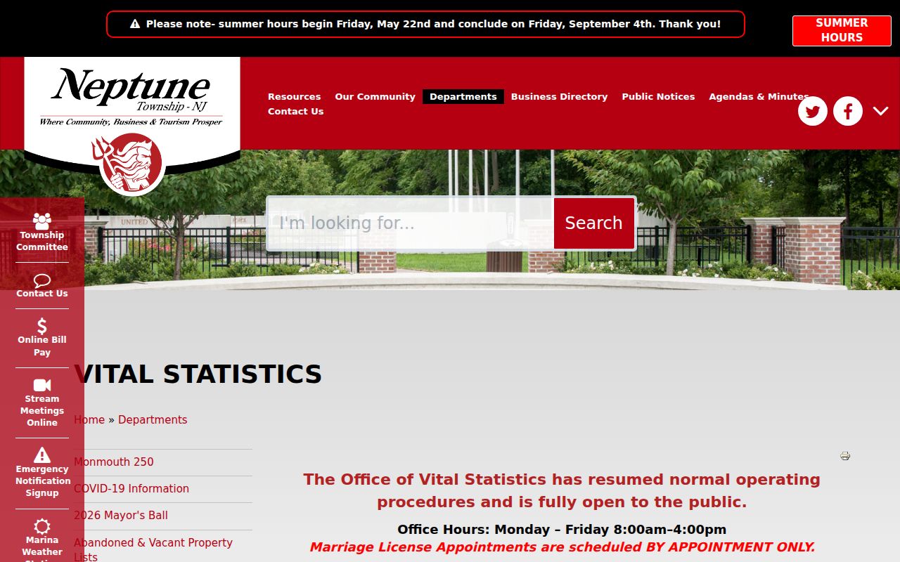 Neptune Township resident lookup local vital statistics access page