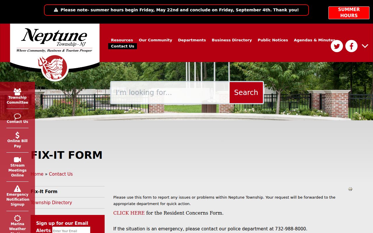Neptune Township street directory address-based Fix-It service form